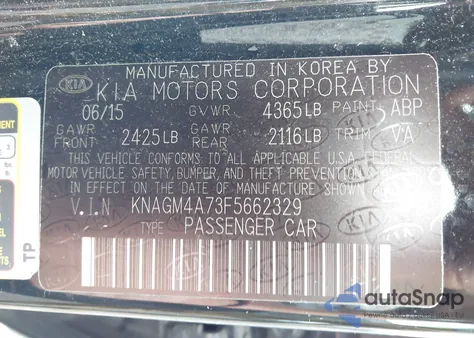 2015 Kia Optima Lx из США, поврежденный, VIN KNAGM4A73F5662329